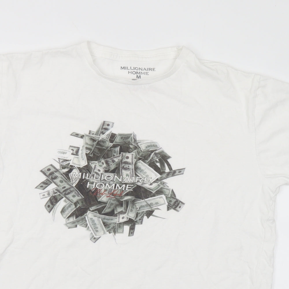 Millionaire Homme Mens White Cotton T-Shirt Size M Crew Neck - Money