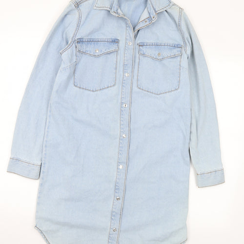 New Look Womens Blue Cotton Shirt Dress Size 6 Collared Snap