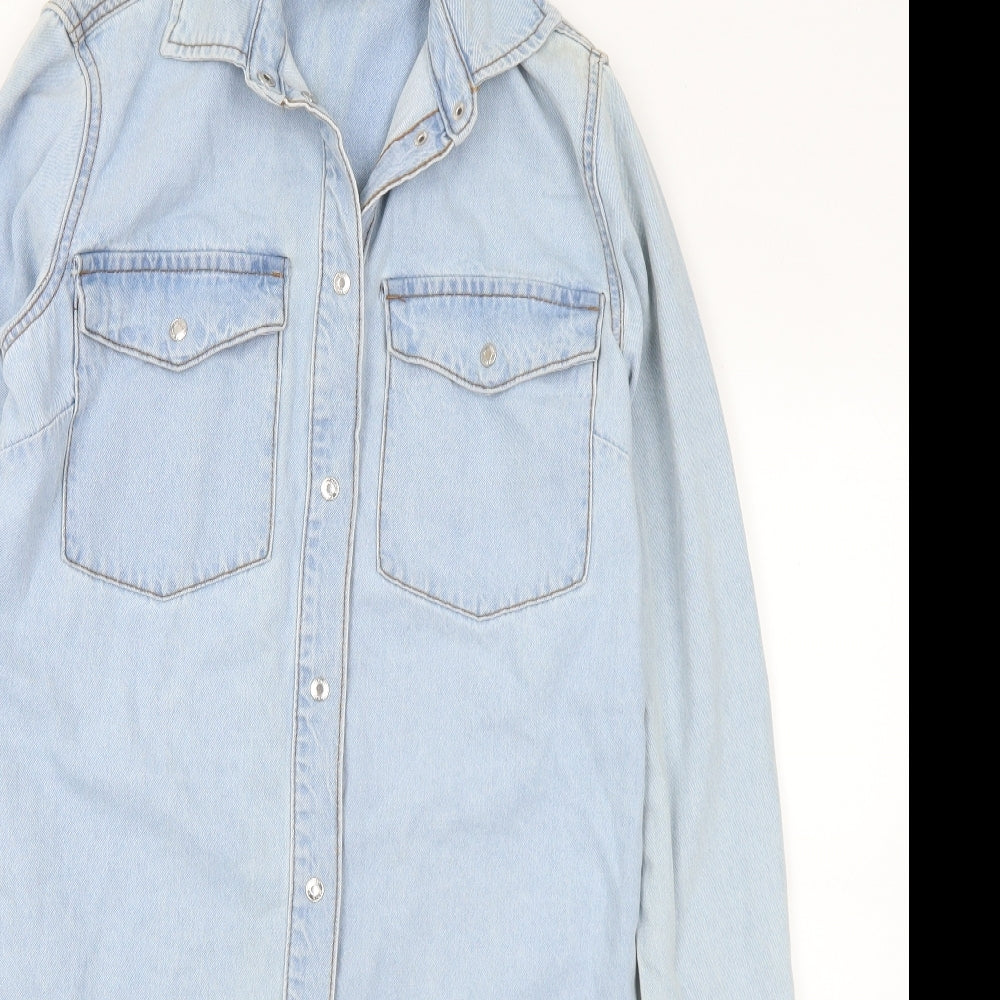 New Look Womens Blue Cotton Shirt Dress Size 6 Collared Snap