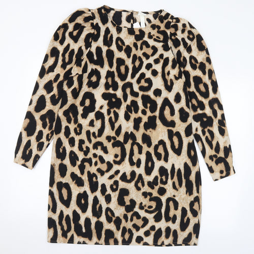 H&M Womens Brown Animal Print Polyester A-Line Size S Round Neck Zip