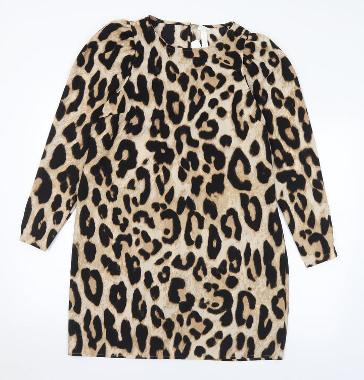 H&M Womens Brown Animal Print Polyester A-Line Size S Round Neck Zip