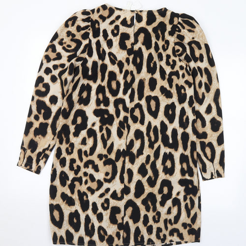 H&M Womens Brown Animal Print Polyester A-Line Size S Round Neck Zip