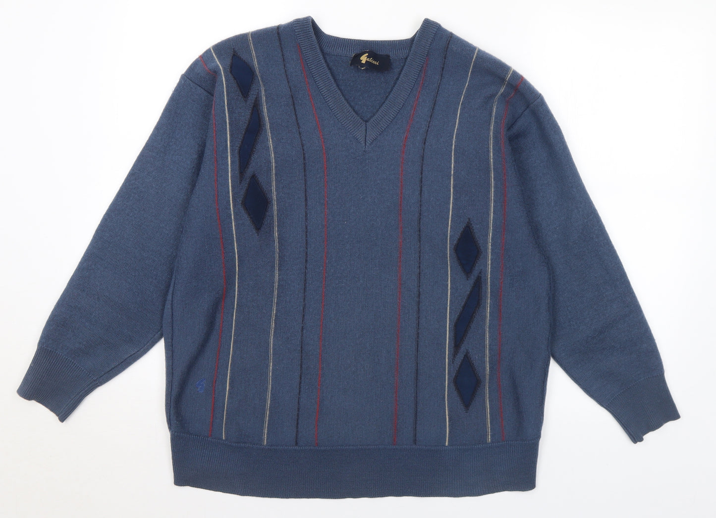 Galicci Mens Blue V-Neck Striped Wool Pullover Jumper Size L