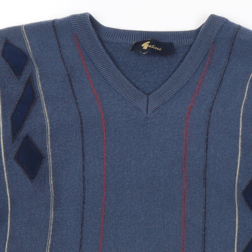 Galicci Mens Blue V-Neck Striped Wool Pullover Jumper Size L