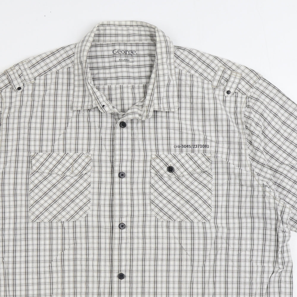 George Mens White Plaid Cotton Button-Up Size 2XL Collared Button