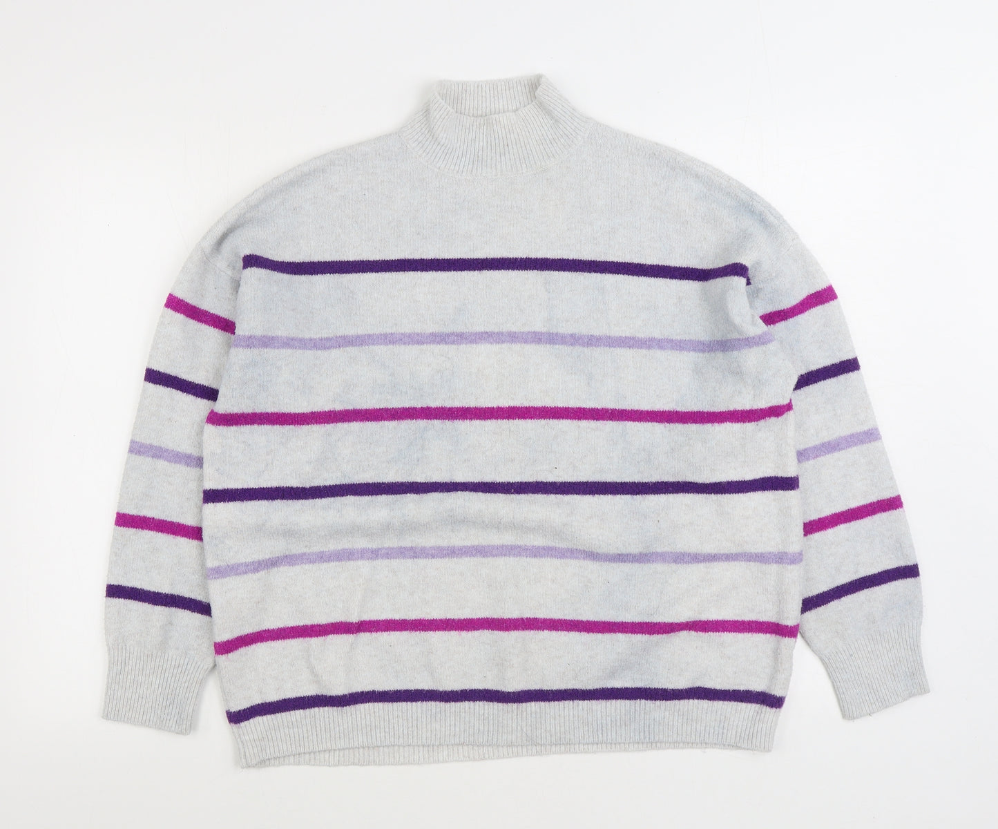 TU Womens Grey High Neck Striped Acrylic Pullover Jumper Size 16
