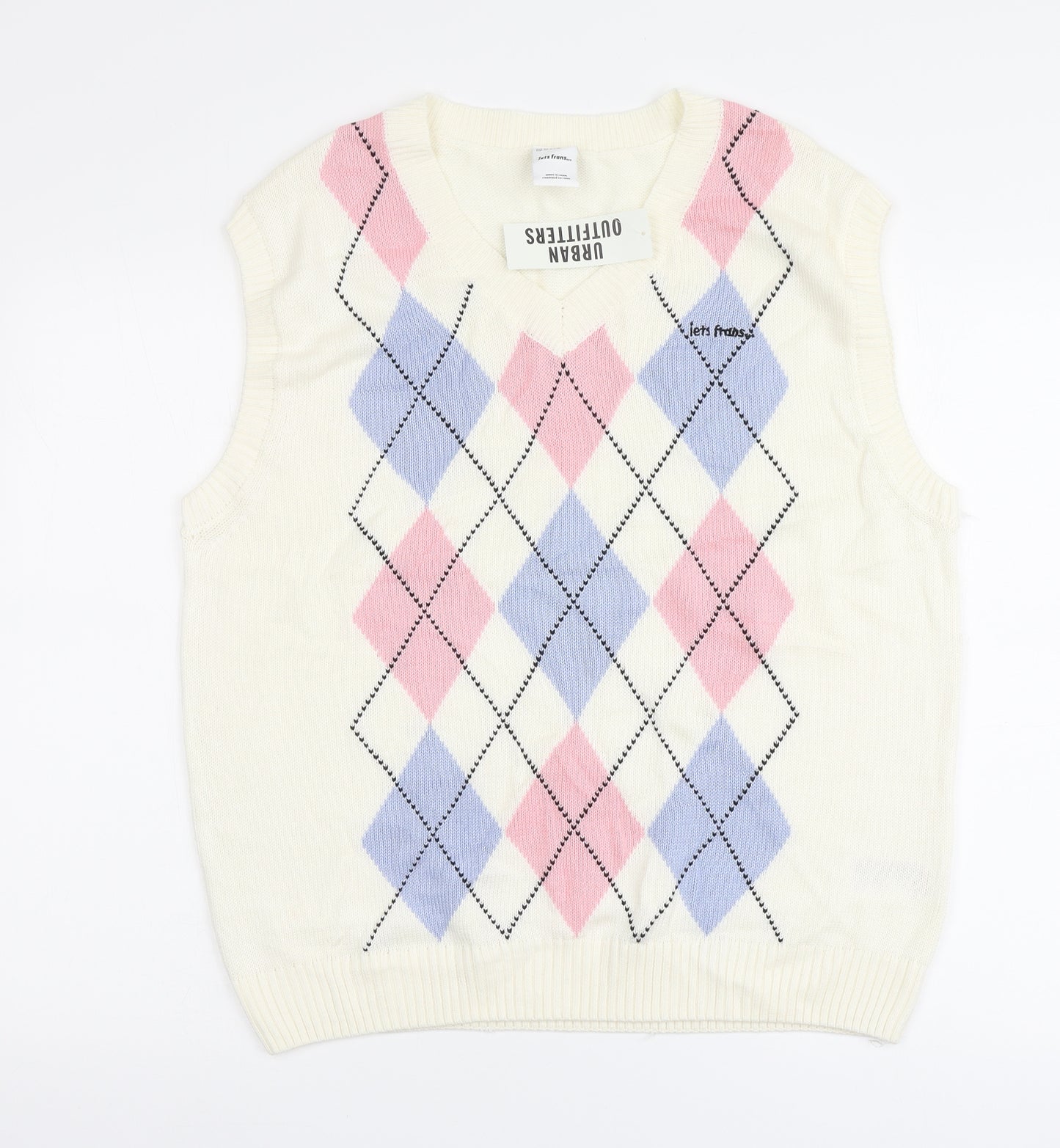 Urban Outfitters Mens Ivory V-Neck Argyle/Diamond Acrylic Vest Jumper Size M