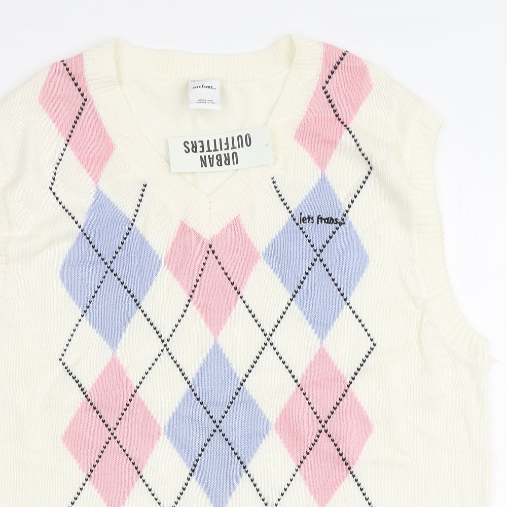 Urban Outfitters Mens Ivory V-Neck Argyle/Diamond Acrylic Vest Jumper Size M