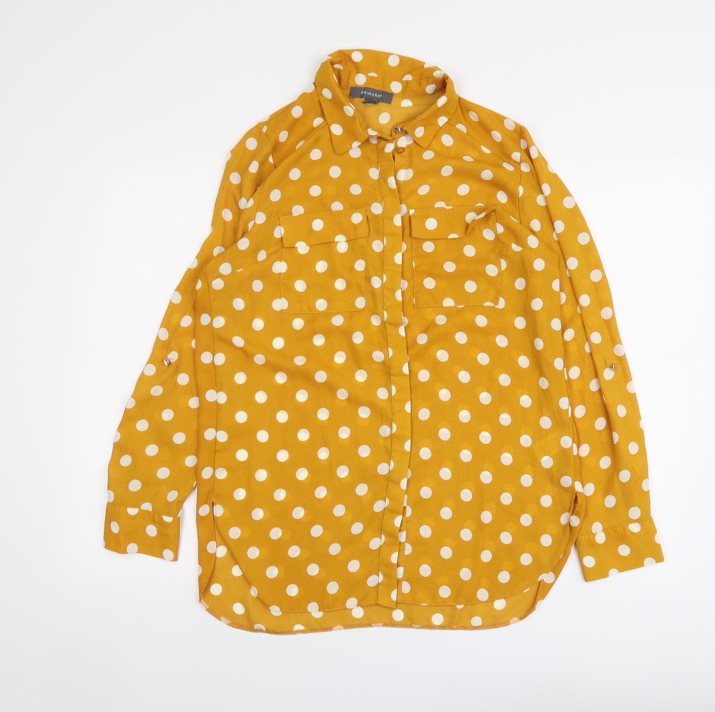 Primark Womens Yellow Polka Dot Polyester Basic Button-Up Size 12 Collared