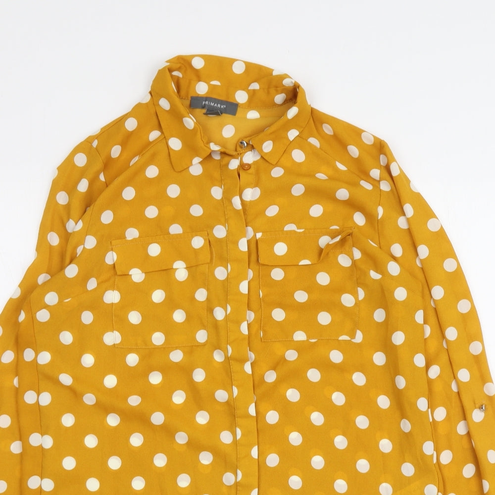 Primark Womens Yellow Polka Dot Polyester Basic Button-Up Size 12 Collared
