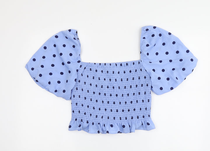 Brave Soul Womens Blue Polka Dot Polyester Basic Blouse Size L Square Neck