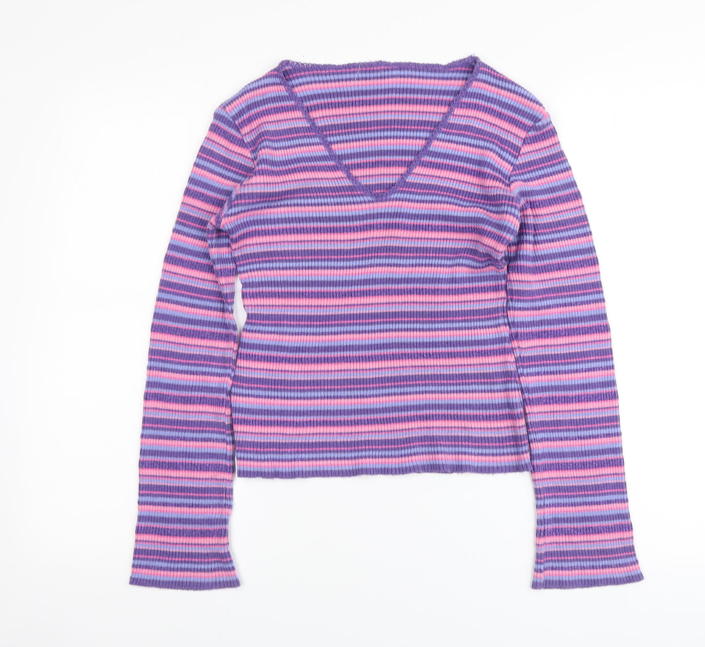 Etam Womens Multicoloured V-Neck Striped Acrylic Pullover Jumper Size 12