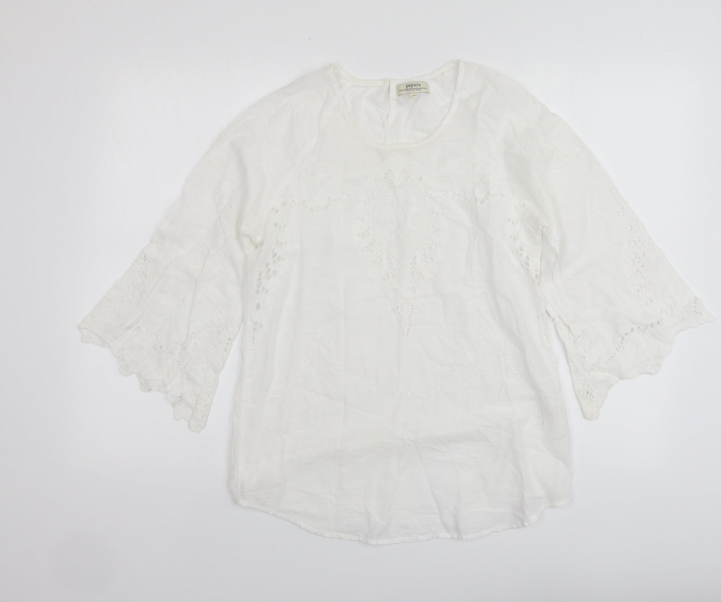 Papaya Womens Ivory Cotton Basic Blouse Size 8 Round Neck