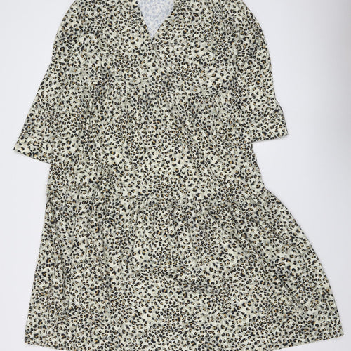 Primark Womens Beige Animal Print Polyester Skater Dress Size 10 V-Neck