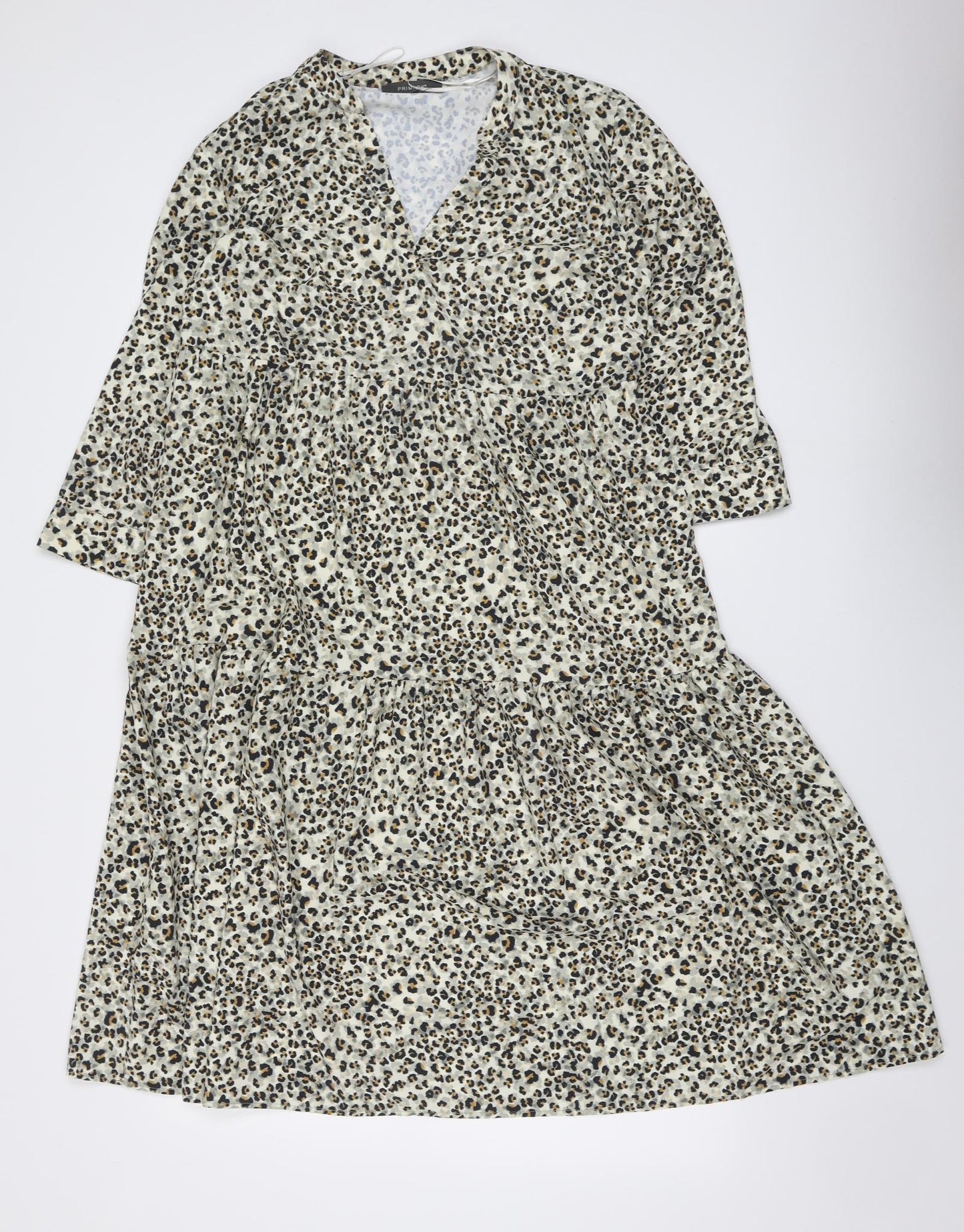 Primark Womens Beige Animal Print Polyester Skater Dress Size 10 V-Neck