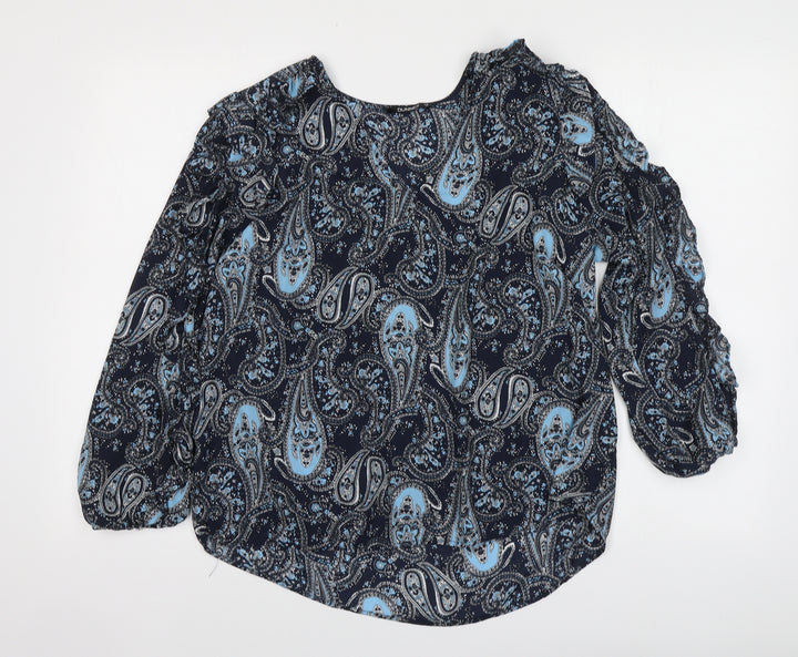 Dunnes Stores Womens Blue Paisley Polyester Basic Blouse Size M V-Neck
