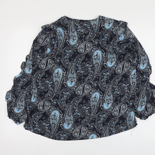 Dunnes Stores Womens Blue Paisley Polyester Basic Blouse Size M V-Neck