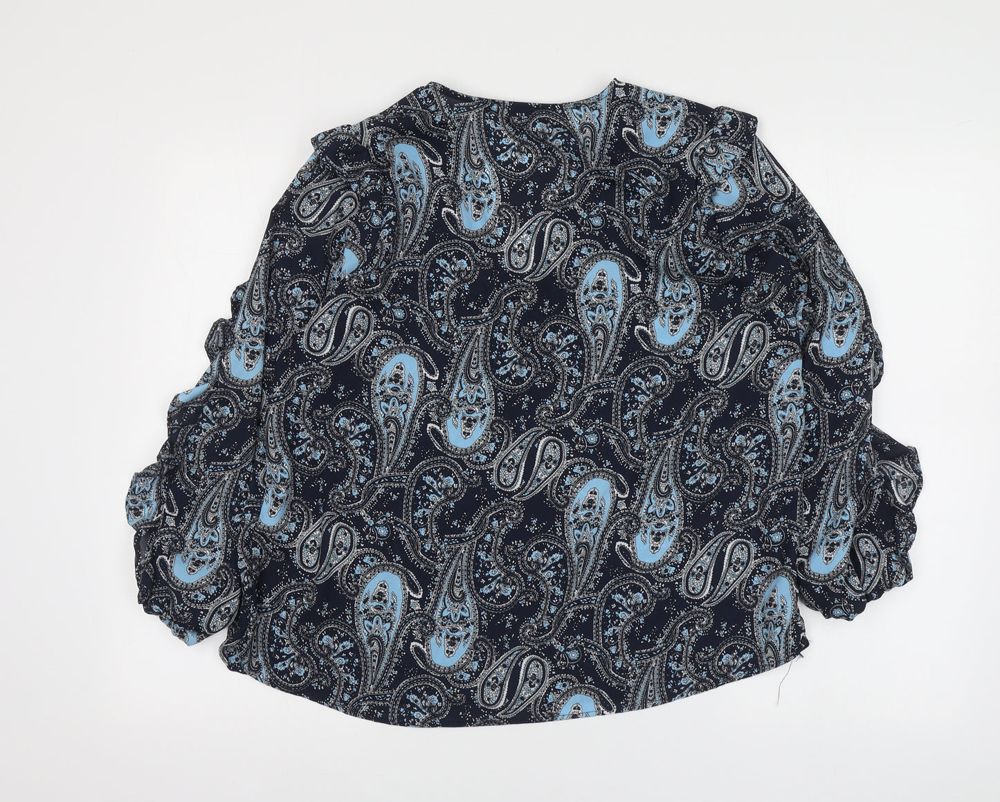 Dunnes Stores Womens Blue Paisley Polyester Basic Blouse Size M V-Neck