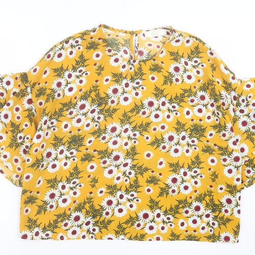 JCL Womens Yellow Floral Polyester Basic T-Shirt Size M Crew Neck