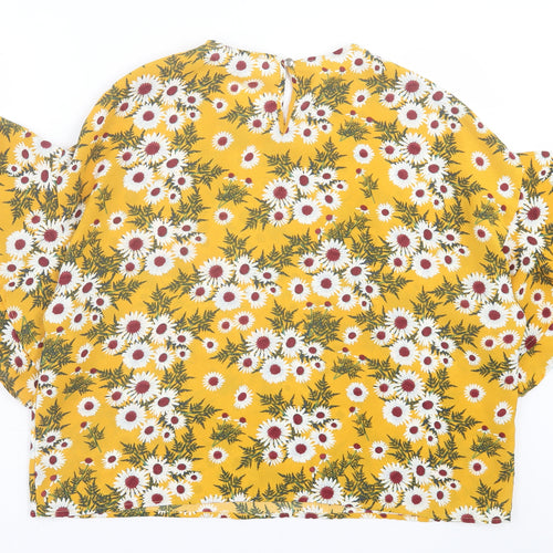 JCL Womens Yellow Floral Polyester Basic T-Shirt Size M Crew Neck