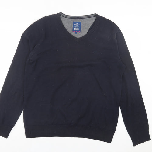 TOM TAILOR Mens Blue V-Neck Cotton Pullover Jumper Size L