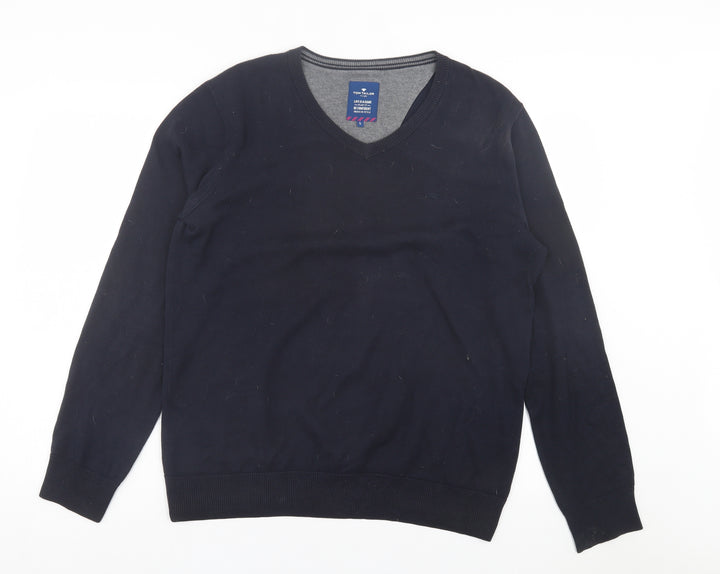 TOM TAILOR Mens Blue V-Neck Cotton Pullover Jumper Size L