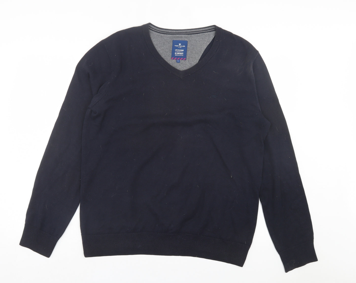 TOM TAILOR Mens Blue V-Neck Cotton Pullover Jumper Size L