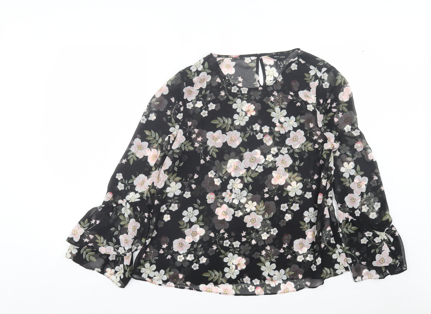 New Look Womens Black Floral Polyester Basic Blouse Size 12 Crew Neck