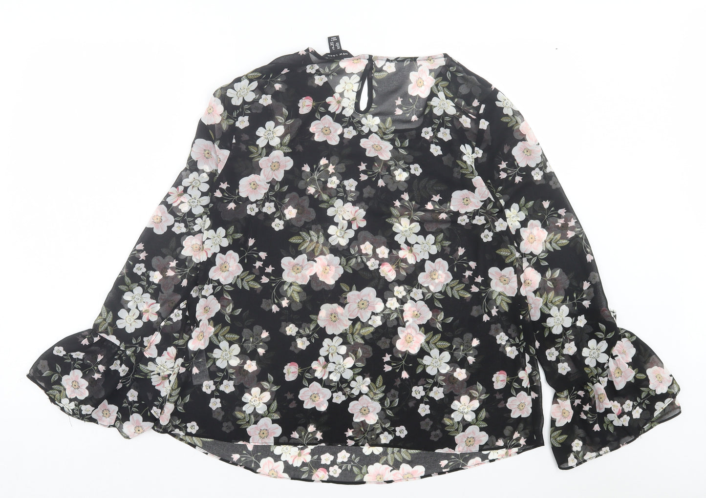 New Look Womens Black Floral Polyester Basic Blouse Size 12 Crew Neck