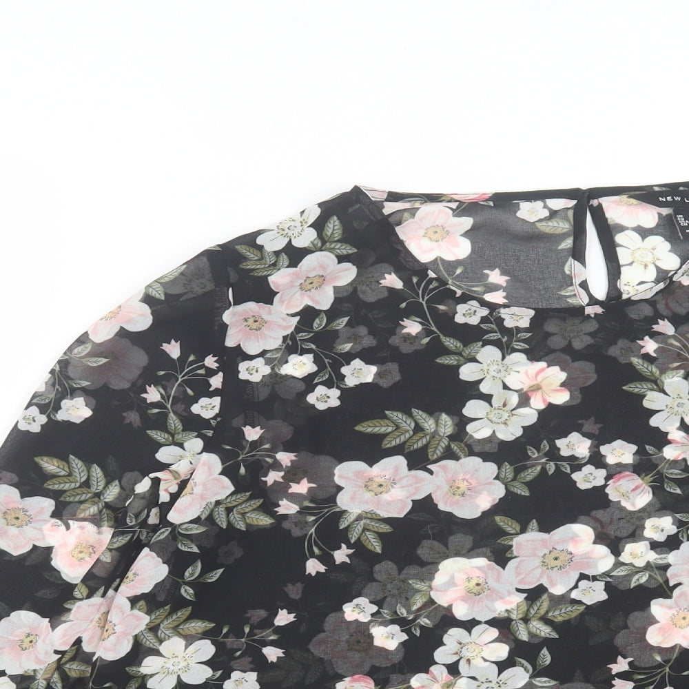 New Look Womens Black Floral Polyester Basic Blouse Size 12 Crew Neck