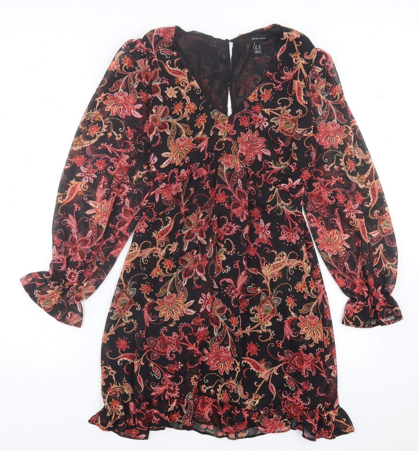 New Look Womens Red Floral Polyester A-Line Size 14 V-Neck Button