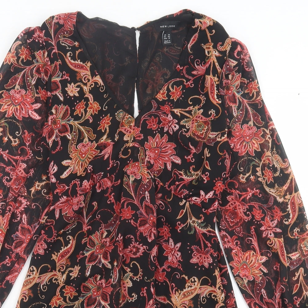 New Look Womens Red Floral Polyester A-Line Size 14 V-Neck Button
