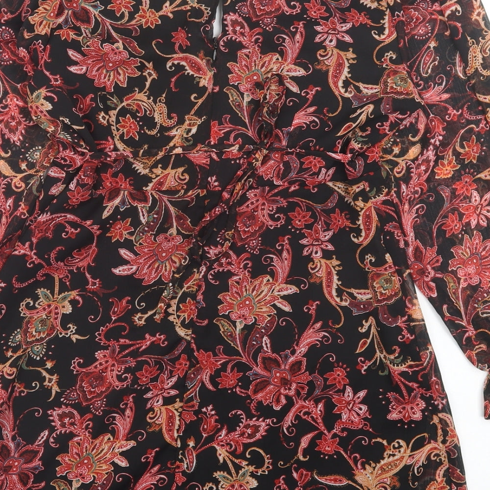 New Look Womens Red Floral Polyester A-Line Size 14 V-Neck Button