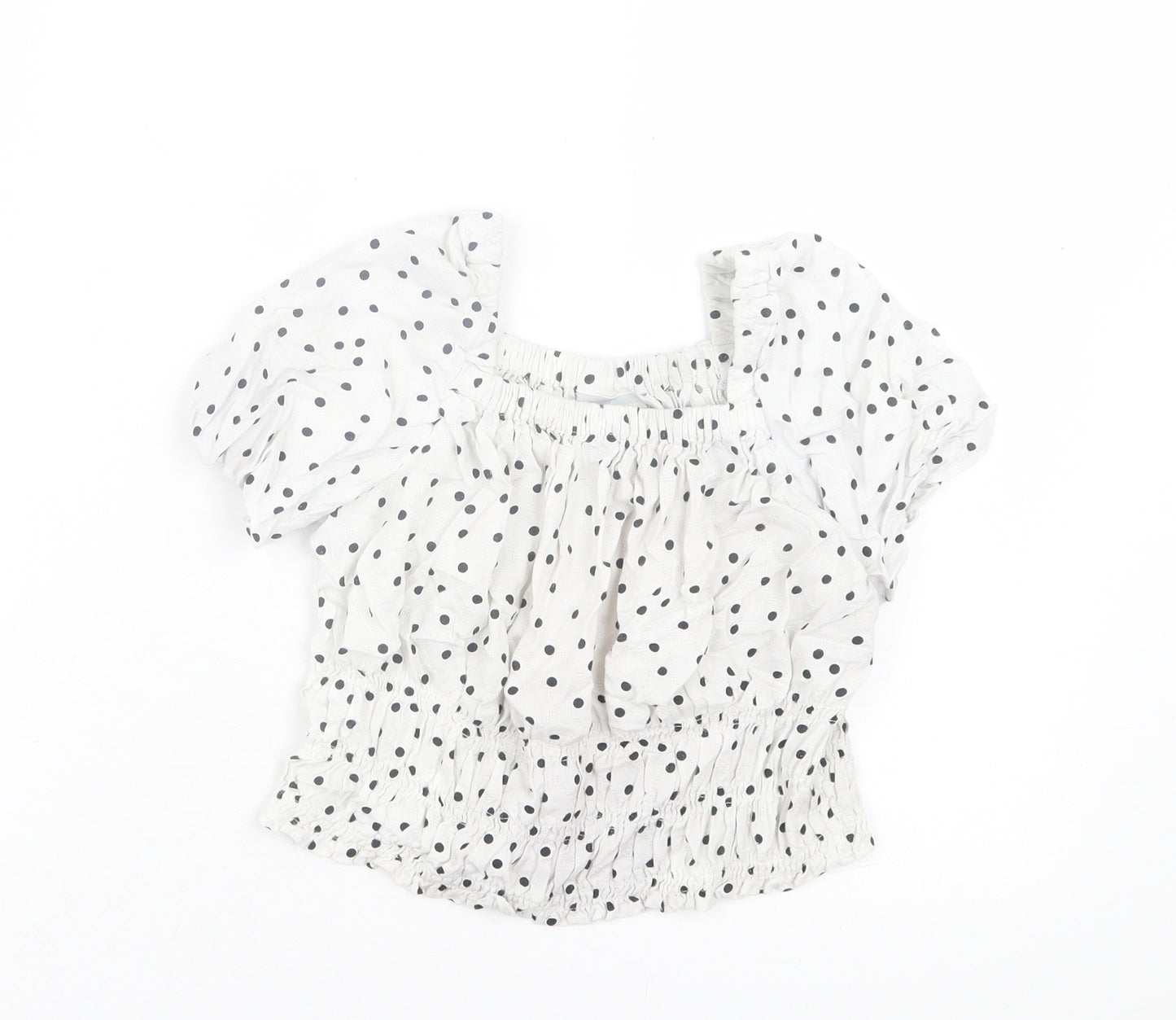 NEXT Girls White Polka Dot Viscose Cropped T-Shirt Size 9 Years Square Neck Pullover