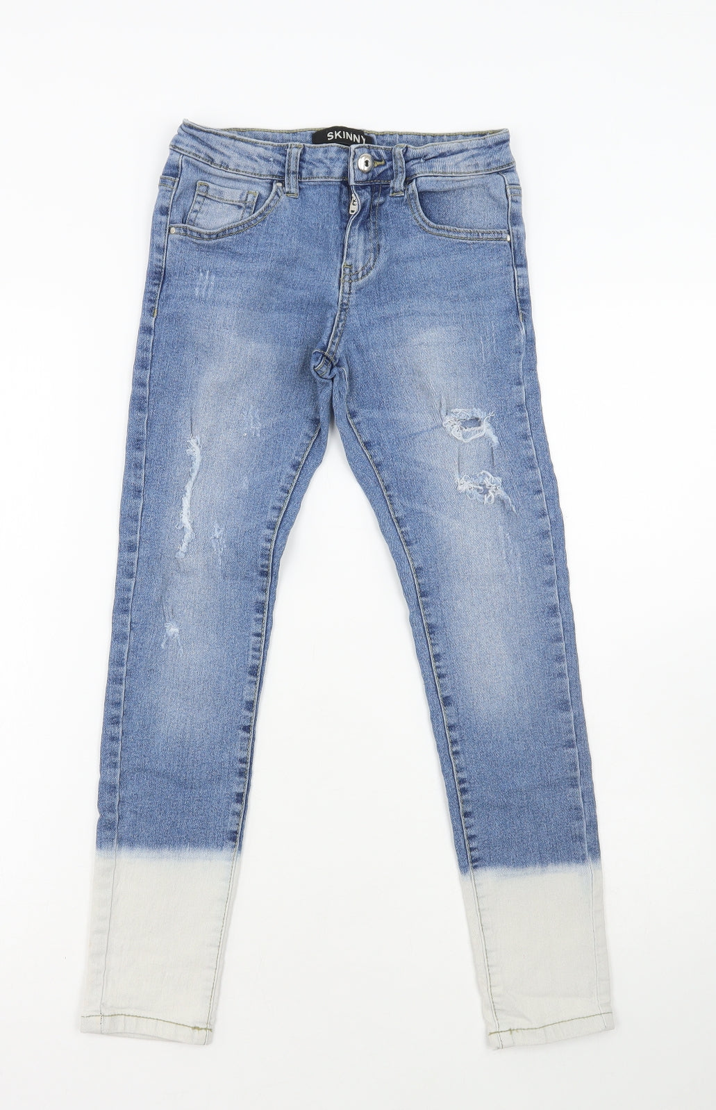 Miss Evie Girls Blue Colourblock Cotton Skinny Jeans Size 10-11 Years Regular Zip - Distressed