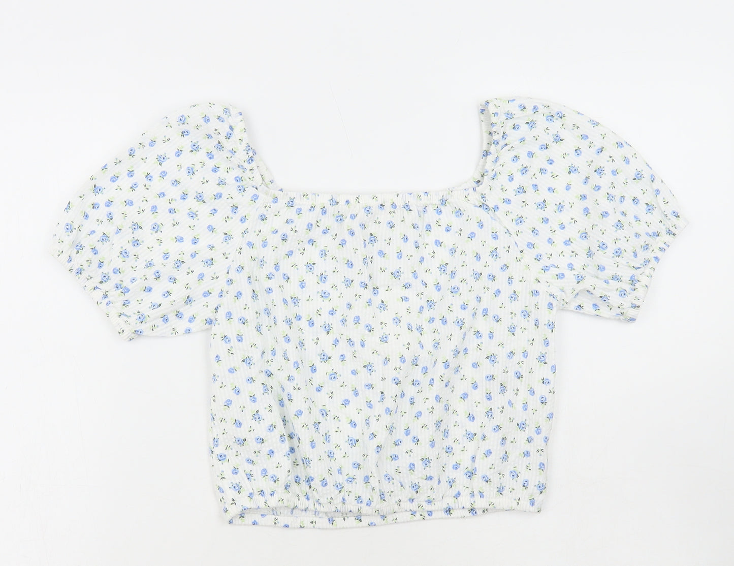 H&M Girls White Floral Cotton Cropped Blouse Size 11-12 Years Square Neck Pullover
