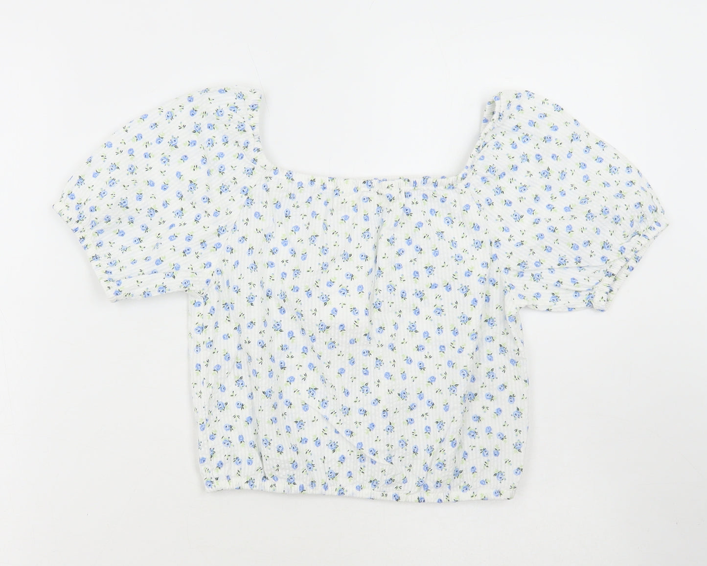 H&M Girls White Floral Cotton Cropped Blouse Size 11-12 Years Square Neck Pullover