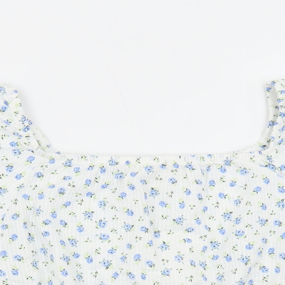 H&M Girls White Floral Cotton Cropped Blouse Size 11-12 Years Square Neck Pullover