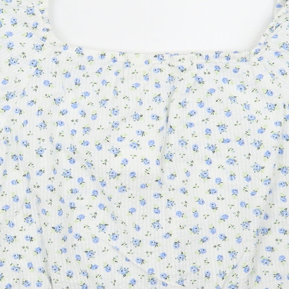 H&M Girls White Floral Cotton Cropped Blouse Size 11-12 Years Square Neck Pullover