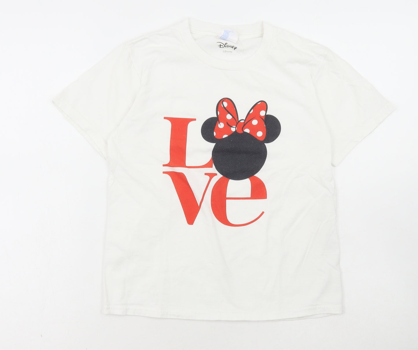 Disney Girls White Cotton Basic T-Shirt Size 9-10 Years Round Neck Pullover - Love Mini Mouse