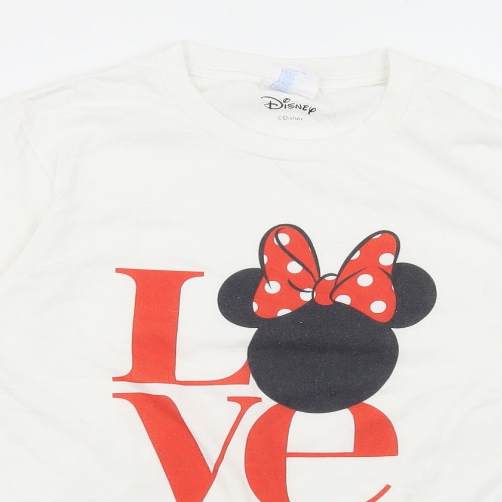 Disney Girls White Cotton Basic T-Shirt Size 9-10 Years Round Neck Pullover - Love Mini Mouse