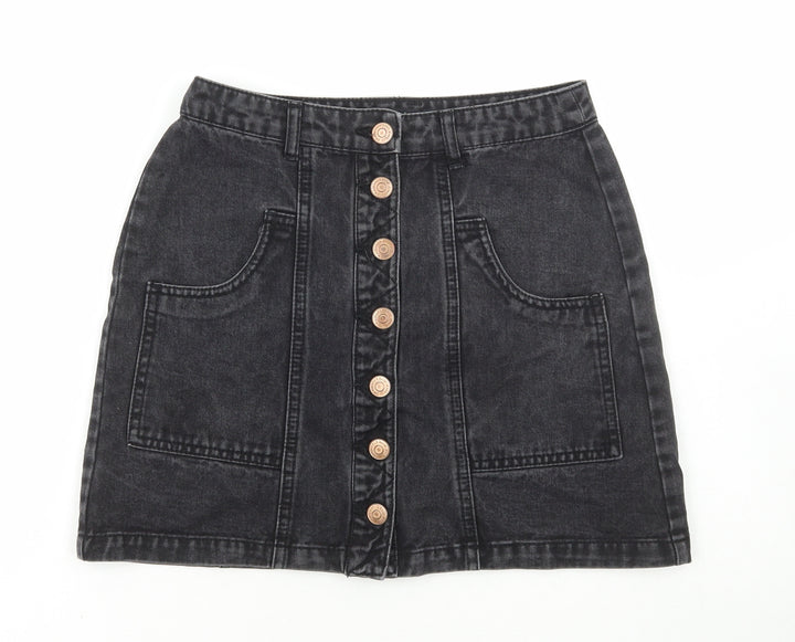 Stradivarius Womens Black Cotton A-Line Skirt Size 8 Button