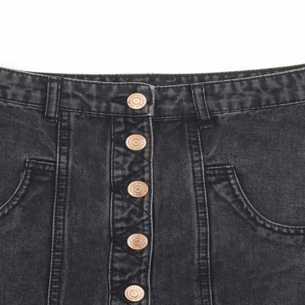 Stradivarius Womens Black Cotton A-Line Skirt Size 8 Button
