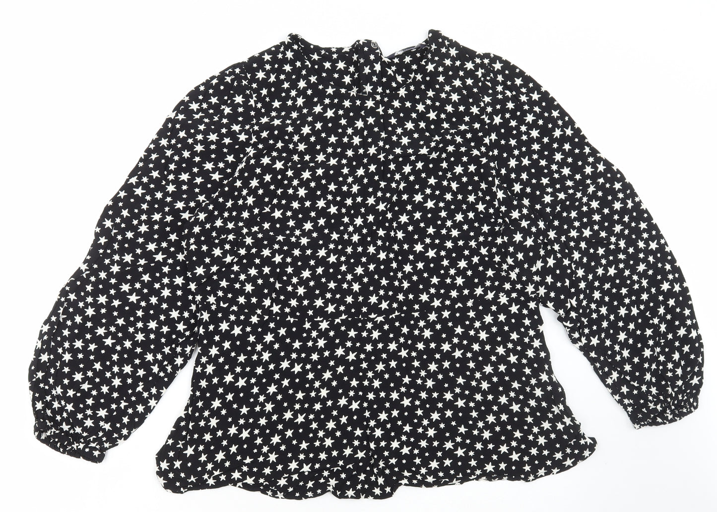 Marks and Spencer Womens Black Geometric Viscose Basic Blouse Size 18 Round Neck - Stars Bishop Sleeve