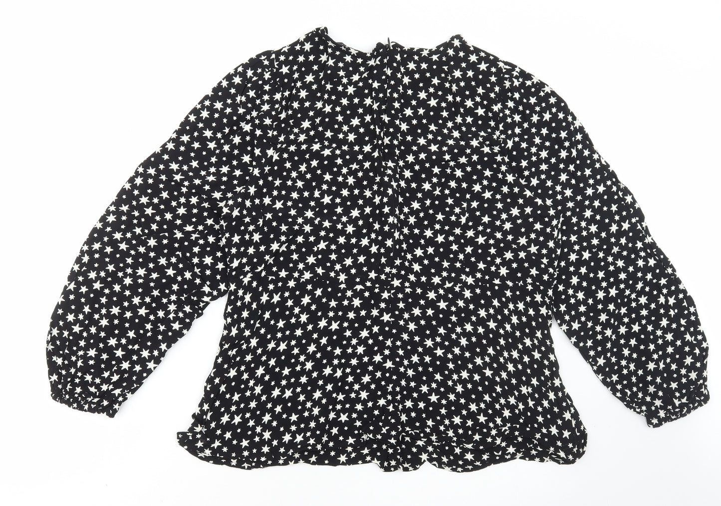 Marks and Spencer Womens Black Geometric Viscose Basic Blouse Size 18 Round Neck - Stars Bishop Sleeve