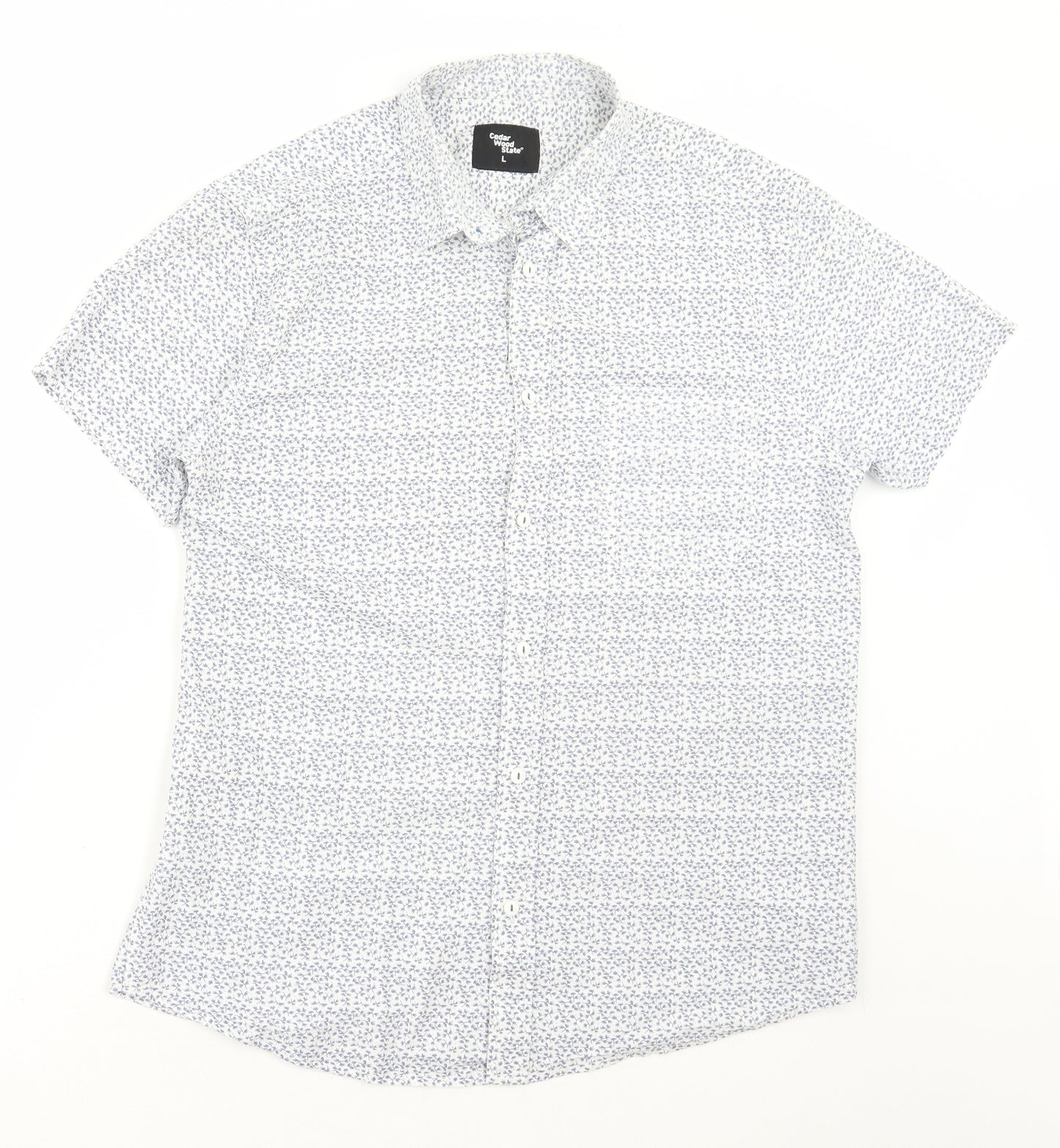 Cedar Wood State Mens White Geometric Polyester Button-Up Size L Collared Button