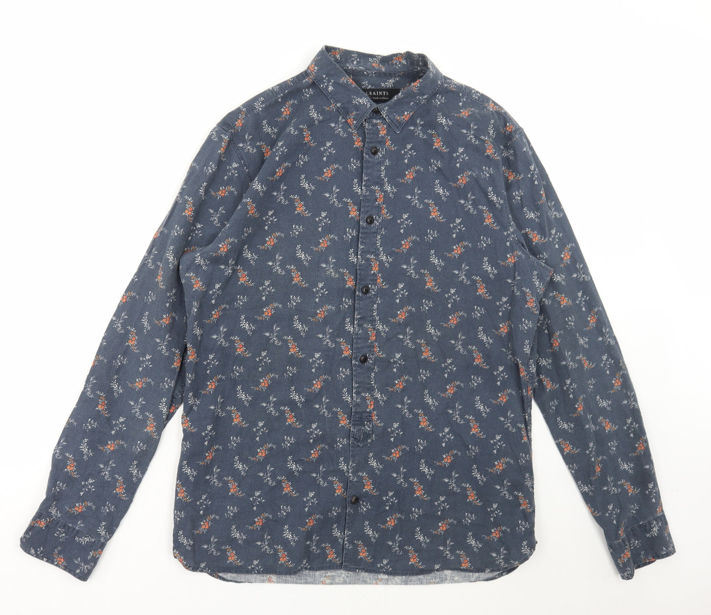 AllSaints Mens Blue Floral Linen Button-Up Size M Collared Button