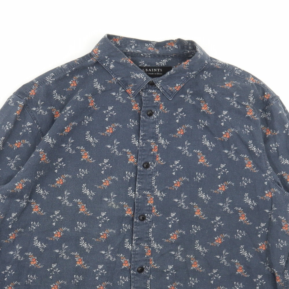 AllSaints Mens Blue Floral Linen Button-Up Size M Collared Button