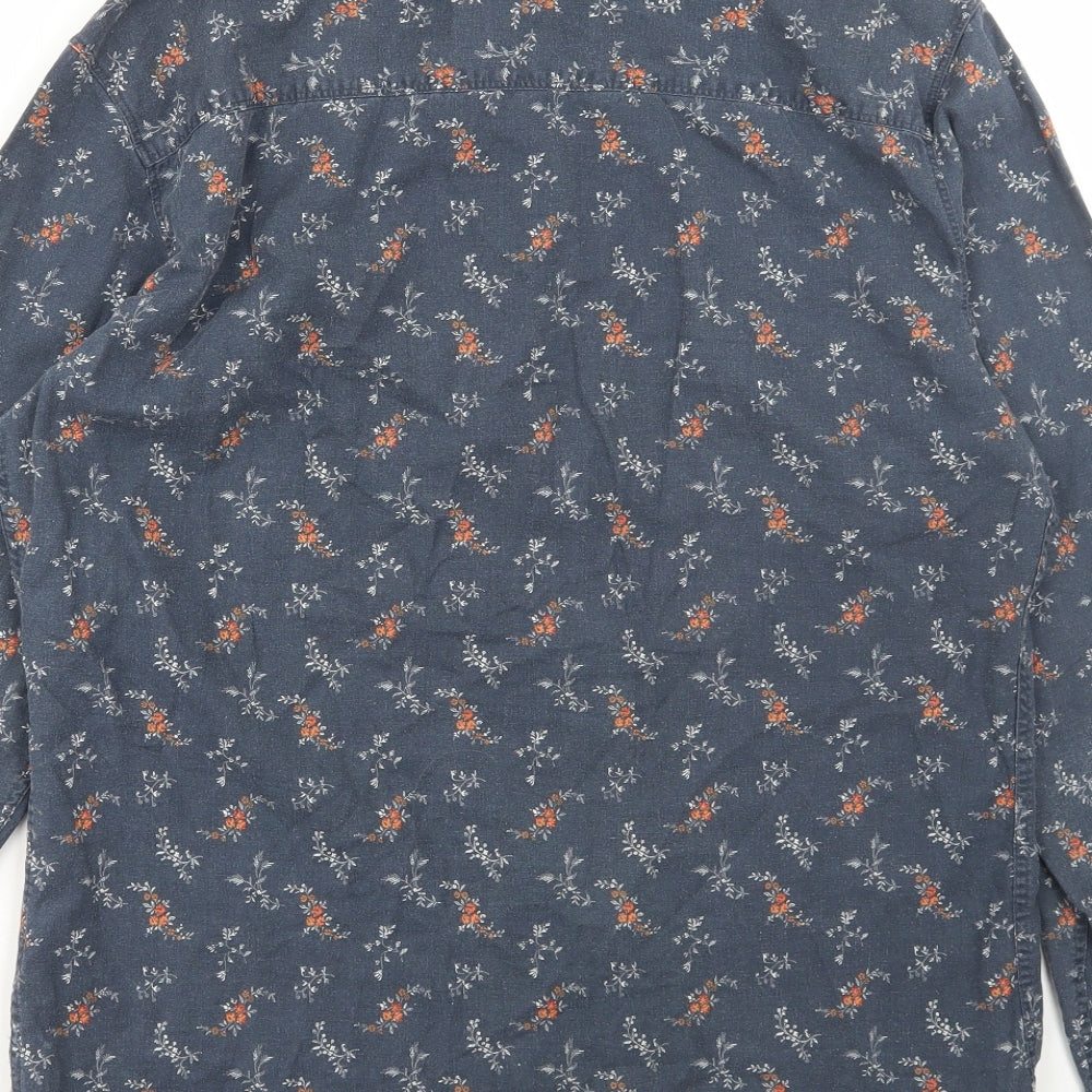 AllSaints Mens Blue Floral Linen Button-Up Size M Collared Button