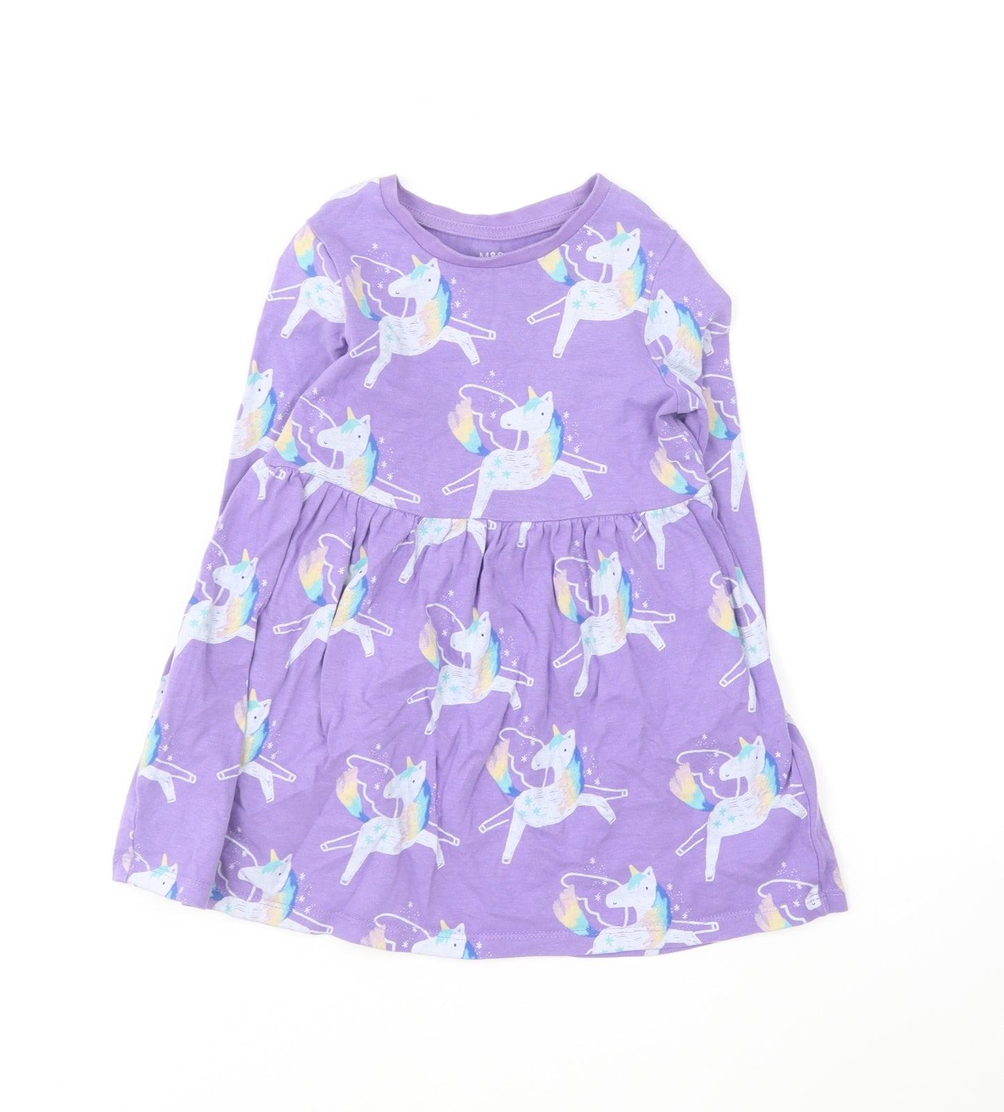 Marks and Spencer Girls Purple Geometric Cotton Skater Dress Size 2-3 Years Round Neck Pullover - Unicorn